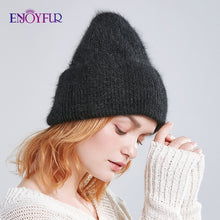 Charger l'image dans la galerie, ENJOYFUR Winter hats for women warm long rabbit fur hair female caps fashion solid colors wide cuff young style beanies