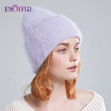 Charger l'image dans la galerie, ENJOYFUR Winter hats for women warm long rabbit fur hair female caps fashion solid colors wide cuff young style beanies