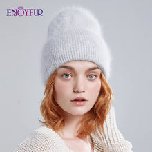 Charger l'image dans la galerie, ENJOYFUR Winter hats for women warm long rabbit fur hair female caps fashion solid colors wide cuff young style beanies