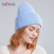 Charger l'image dans la galerie, ENJOYFUR Winter hats for women warm long rabbit fur hair female caps fashion solid colors wide cuff young style beanies