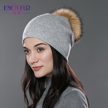 Charger l'image dans la galerie, ENJOYFUR Winter women real fur pom pom hats wool knitted thick warm lined beanies hat lady fashion bobble ski caps