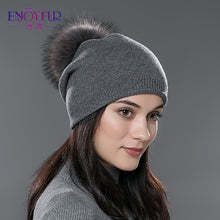 Charger l'image dans la galerie, ENJOYFUR Winter women real fur pom pom hats wool knitted thick warm lined beanies hat lady fashion bobble ski caps