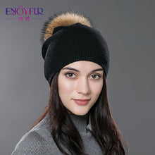 Charger l'image dans la galerie, ENJOYFUR Winter women real fur pom pom hats wool knitted thick warm lined beanies hat lady fashion bobble ski caps