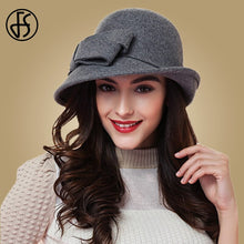 Charger l'image dans la galerie, FS Elegant Bowknot Ladies Wool Felt Bowler Black Red Fedora Hats For Women Wide Brim Vintage Floppy Winter Church Cloche Hats