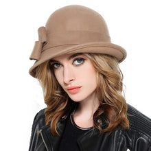 Charger l'image dans la galerie, FS Elegant Bowknot Ladies Wool Felt Bowler Black Red Fedora Hats For Women Wide Brim Vintage Floppy Winter Church Cloche Hats