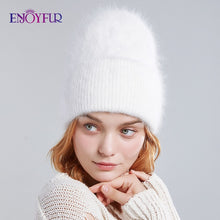 Charger l&#39;image dans la galerie, ENJOYFUR Winter hats for women warm long rabbit fur hair female caps fashion solid colors wide cuff young style beanies
