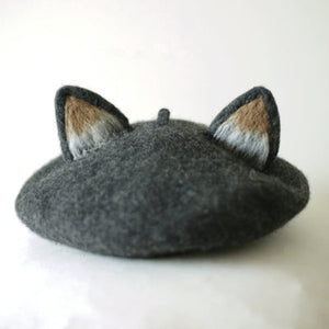 New Retro Women's Cute Fox Ear Beret Caps Wool Blend Casual Warm Painter Hat Handmade Nick Cat Ear Beret Hat Hot Gift