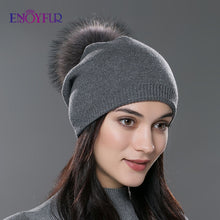 Charger l&#39;image dans la galerie, ENJOYFUR Winter women real fur pom pom hats wool knitted thick warm lined beanies hat lady fashion bobble ski caps
