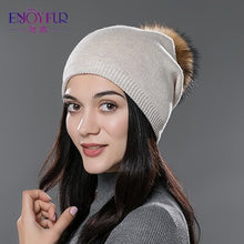 Charger l&#39;image dans la galerie, ENJOYFUR Winter women real fur pom pom hats wool knitted thick warm lined beanies hat lady fashion bobble ski caps
