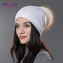 Charger l&#39;image dans la galerie, ENJOYFUR Winter women real fur pom pom hats wool knitted thick warm lined beanies hat lady fashion bobble ski caps
