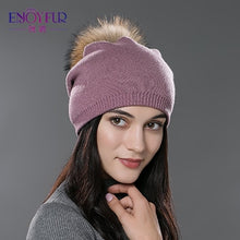 Charger l&#39;image dans la galerie, ENJOYFUR Winter women real fur pom pom hats wool knitted thick warm lined beanies hat lady fashion bobble ski caps
