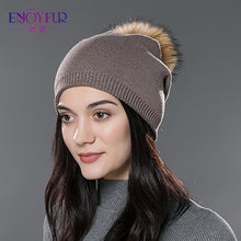 Charger l&#39;image dans la galerie, ENJOYFUR Winter women real fur pom pom hats wool knitted thick warm lined beanies hat lady fashion bobble ski caps
