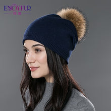 Charger l&#39;image dans la galerie, ENJOYFUR Winter women real fur pom pom hats wool knitted thick warm lined beanies hat lady fashion bobble ski caps
