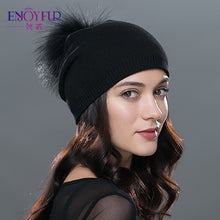 Charger l&#39;image dans la galerie, ENJOYFUR Winter women real fur pom pom hats wool knitted thick warm lined beanies hat lady fashion bobble ski caps
