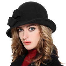 Charger l&#39;image dans la galerie, FS Elegant Bowknot Ladies Wool Felt Bowler Black Red Fedora Hats For Women Wide Brim Vintage Floppy Winter Church Cloche Hats
