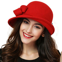 Charger l&#39;image dans la galerie, FS Elegant Bowknot Ladies Wool Felt Bowler Black Red Fedora Hats For Women Wide Brim Vintage Floppy Winter Church Cloche Hats

