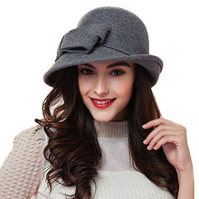Charger l&#39;image dans la galerie, FS Elegant Bowknot Ladies Wool Felt Bowler Black Red Fedora Hats For Women Wide Brim Vintage Floppy Winter Church Cloche Hats
