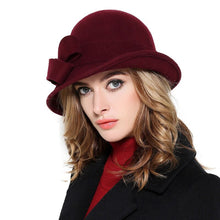 Charger l&#39;image dans la galerie, FS Elegant Bowknot Ladies Wool Felt Bowler Black Red Fedora Hats For Women Wide Brim Vintage Floppy Winter Church Cloche Hats
