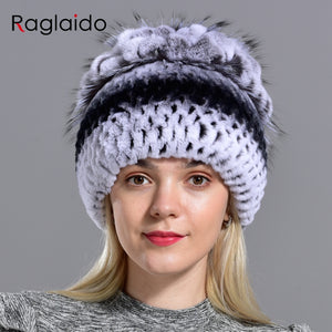 Women's natural fur hat rabbit rex beanies winter warm knitted floral natural fur fox fashionable stylish hand sewn outdoor hat