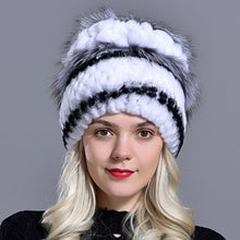 Charger l&#39;image dans la galerie, Women&#39;s natural fur hat rabbit rex beanies winter warm knitted floral natural fur fox fashionable stylish hand sewn outdoor hat
