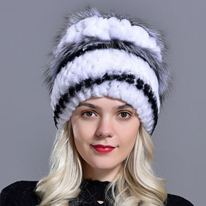 Women's natural fur hat rabbit rex beanies winter warm knitted floral natural fur fox fashionable stylish hand sewn outdoor hat