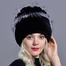 Charger l&#39;image dans la galerie, Women&#39;s natural fur hat rabbit rex beanies winter warm knitted floral natural fur fox fashionable stylish hand sewn outdoor hat
