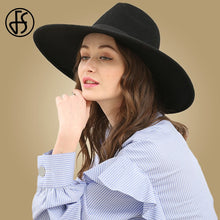 Charger l&#39;image dans la galerie, FS Elegant Big Black Hat Large Brim Fedoras Wool Felt Hat Women Bow Panama Cap Australian Ladies Trilby Hat Autumn Casual Mujere
