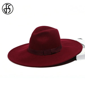 FS Elegant Big Black Hat Large Brim Fedoras Wool Felt Hat Women Bow Panama Cap Australian Ladies Trilby Hat Autumn Casual Mujere