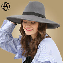 Charger l&#39;image dans la galerie, FS Elegant Big Black Hat Large Brim Fedoras Wool Felt Hat Women Bow Panama Cap Australian Ladies Trilby Hat Autumn Casual Mujere

